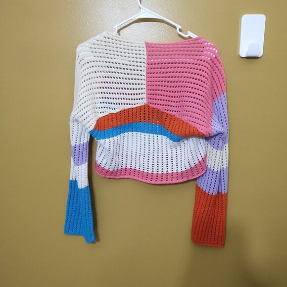 Loose Knit Long Sleeve Sheer Colorblock Cropped Sweater L Y2K Boho Colorful - Picture 2 of 3